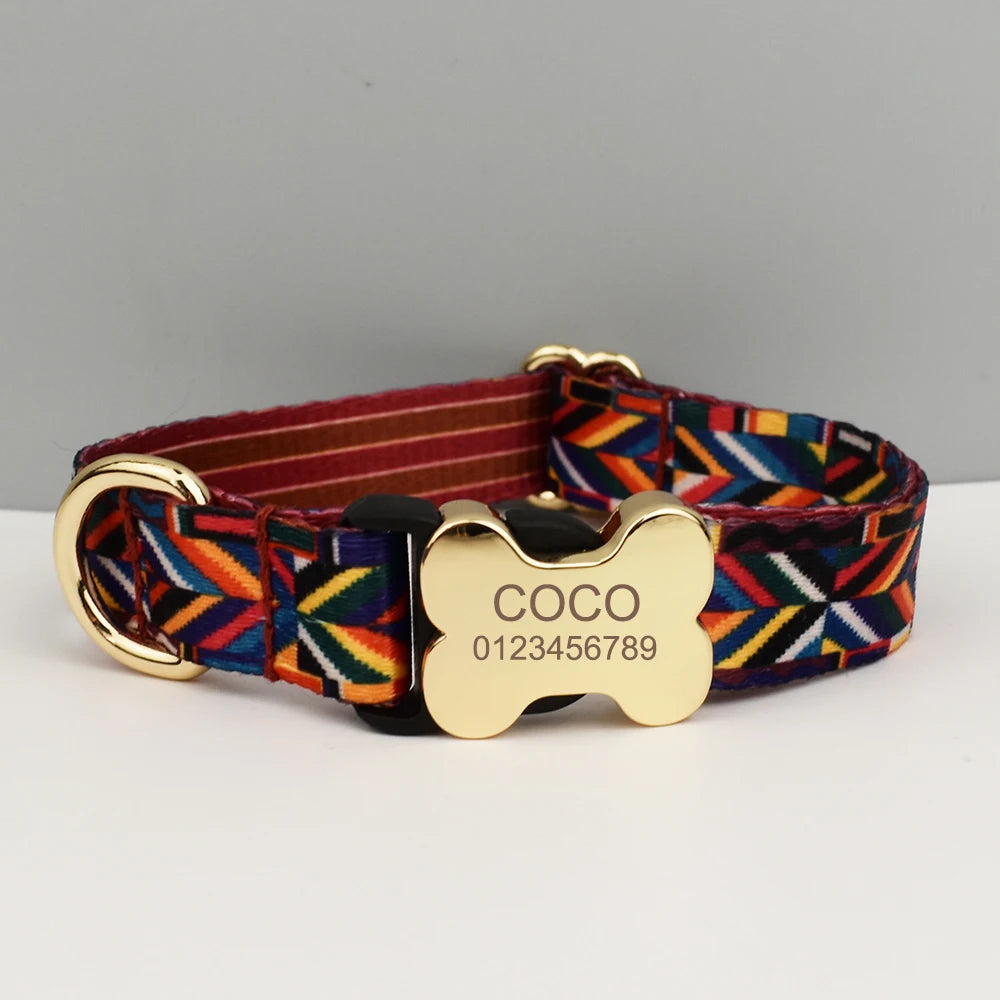 Ethnic Style Engraved Dog Collar & Leash