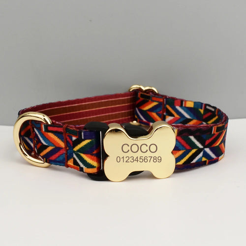 Ethnic Style Engraved Dog Collar & Leash