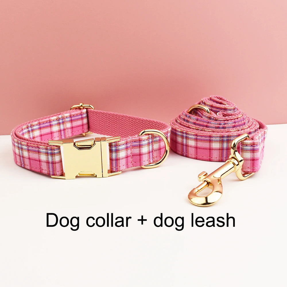 Rose Pink Plaid Dog Collar, Harness & Leash Set