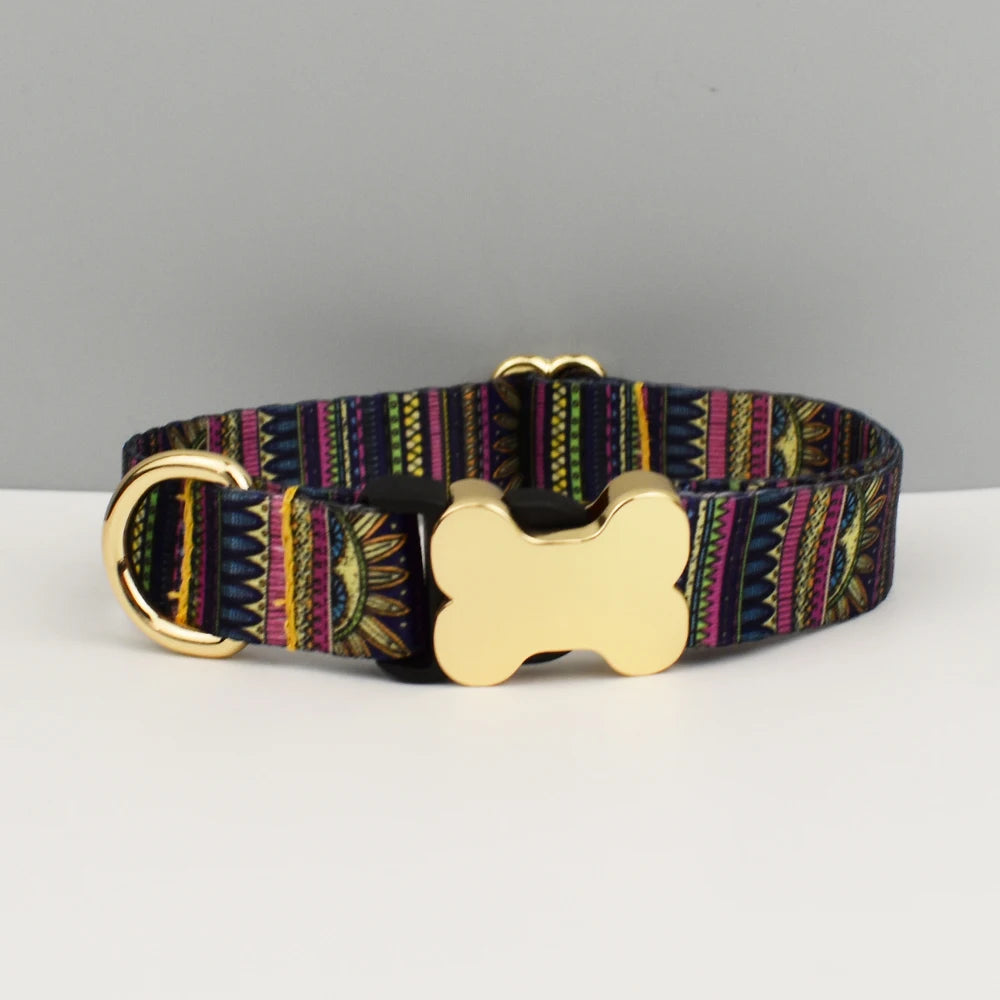 Ethnic Style Engraved Dog Collar & Leash