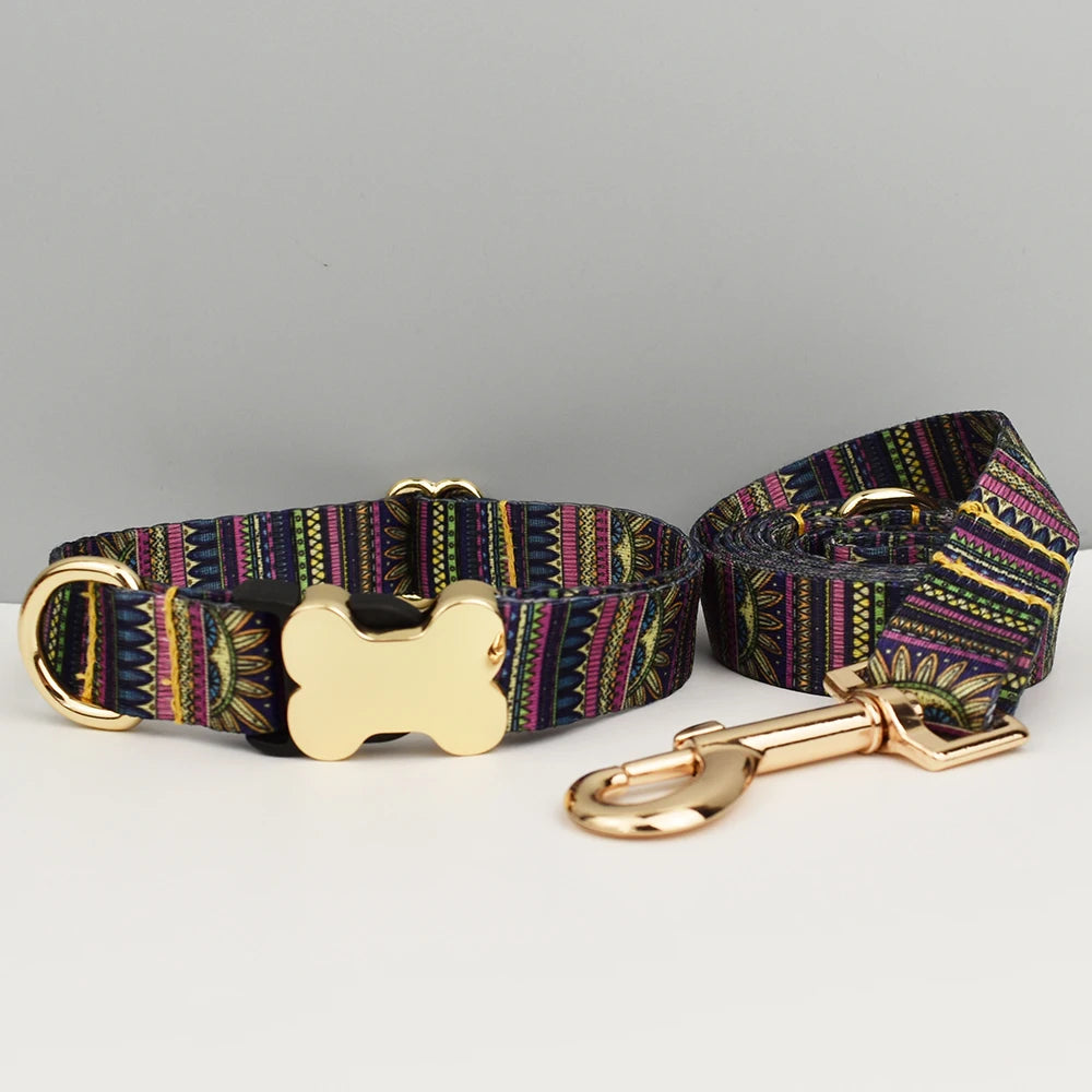 Ethnic Style Engraved Dog Collar & Leash