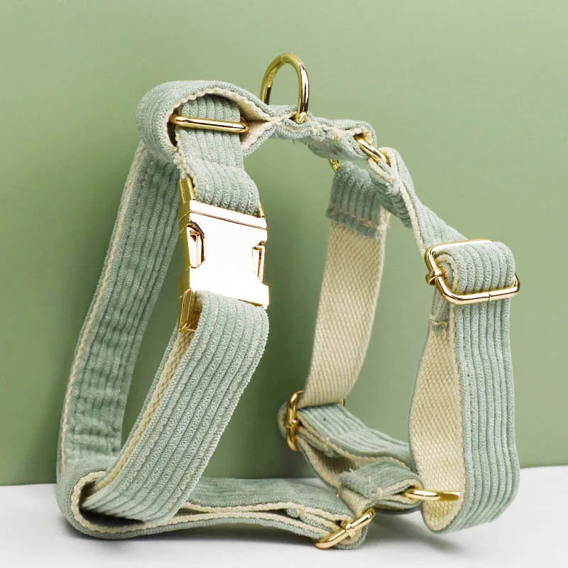 Light Green Corduroy Engraved Nameplate Dog Collar & Leash Set