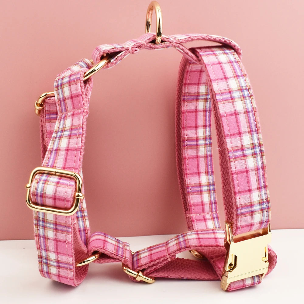 Rose Pink Plaid Dog Collar, Harness & Leash Set