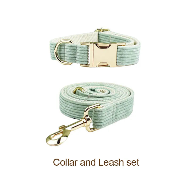 Light Green Corduroy Engraved Nameplate Dog Collar & Leash Set
