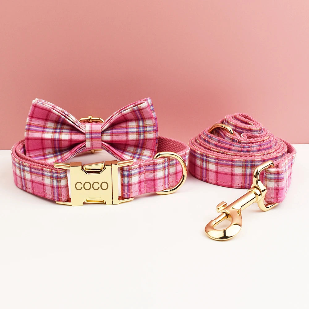Rose Pink Plaid Dog Collar, Harness & Leash Set