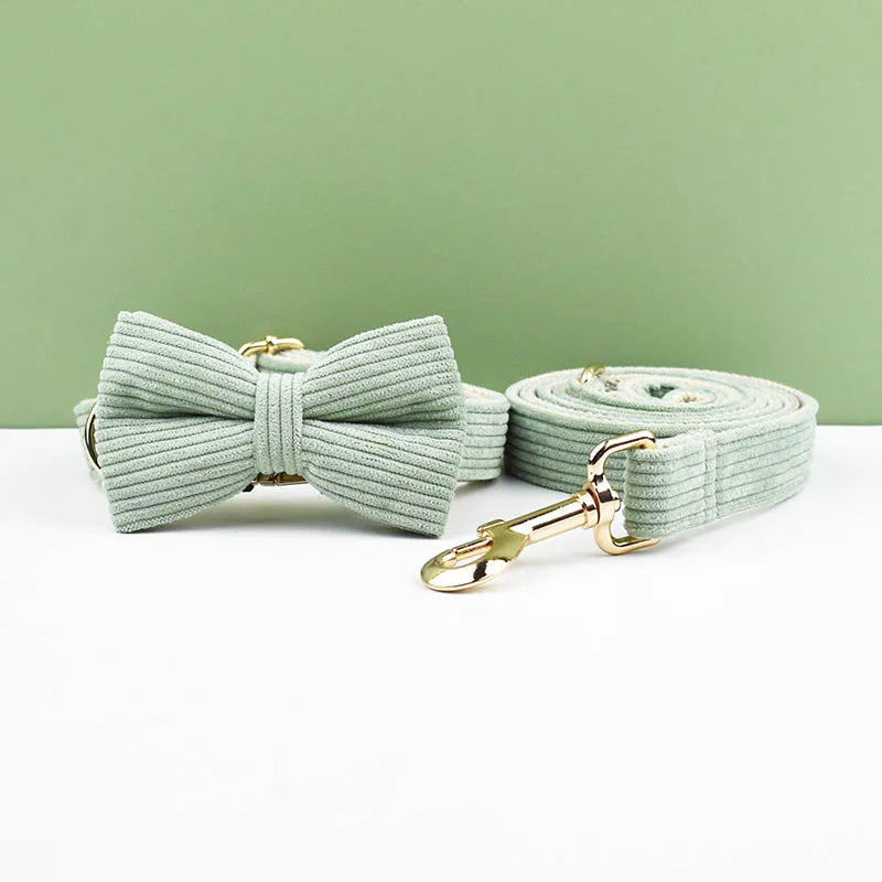 Light Green Corduroy Engraved Nameplate Dog Collar & Leash Set