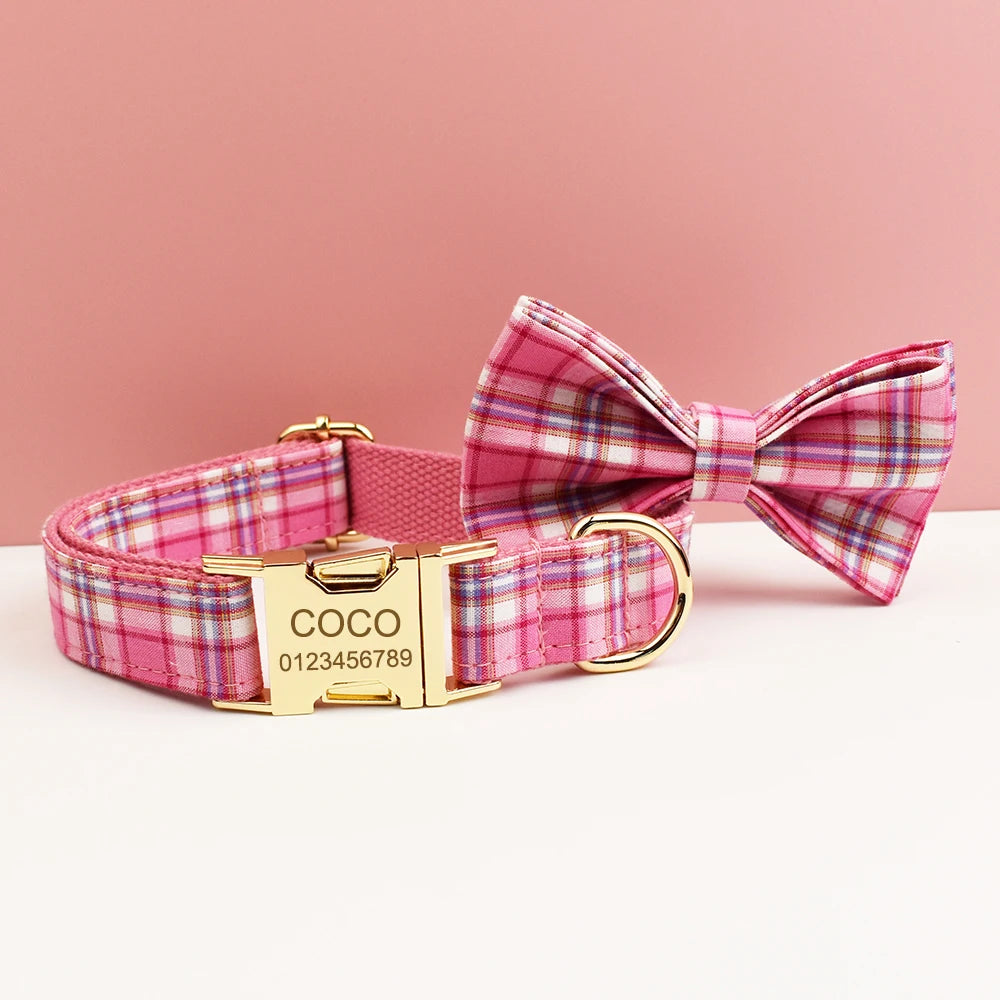 Rose Pink Plaid Dog Collar, Harness & Leash Set