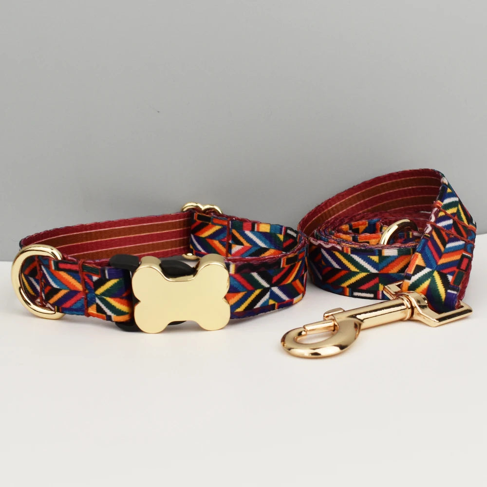 Ethnic Style Engraved Dog Collar & Leash