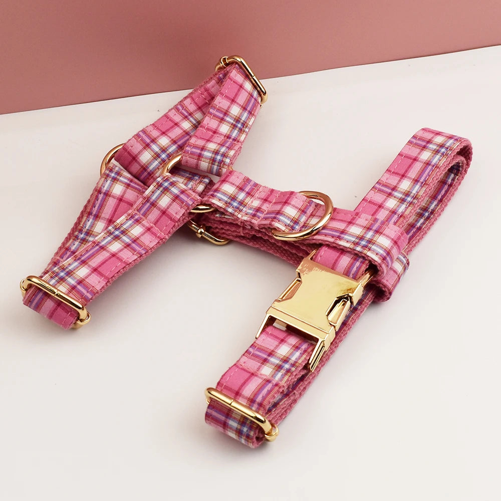 Rose Pink Plaid Dog Collar, Harness & Leash Set