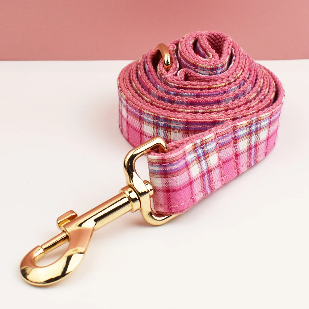 Rose Pink Plaid Dog Collar, Harness & Leash Set