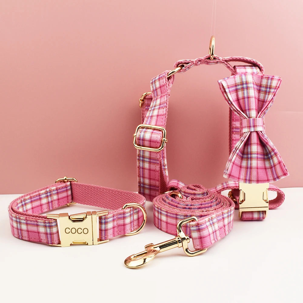 Rose Pink Plaid Dog Collar, Harness & Leash Set