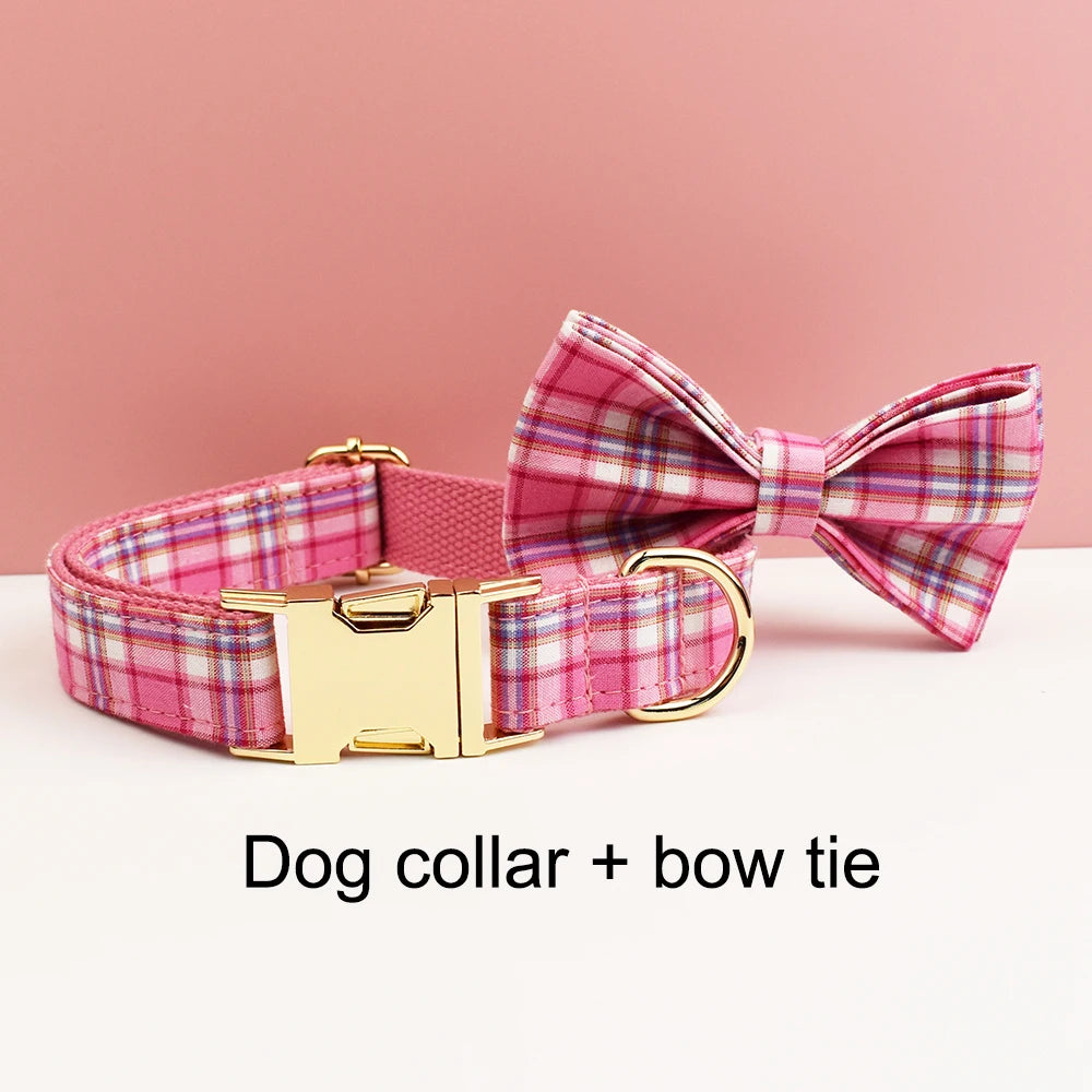 Rose Pink Plaid Dog Collar, Harness & Leash Set