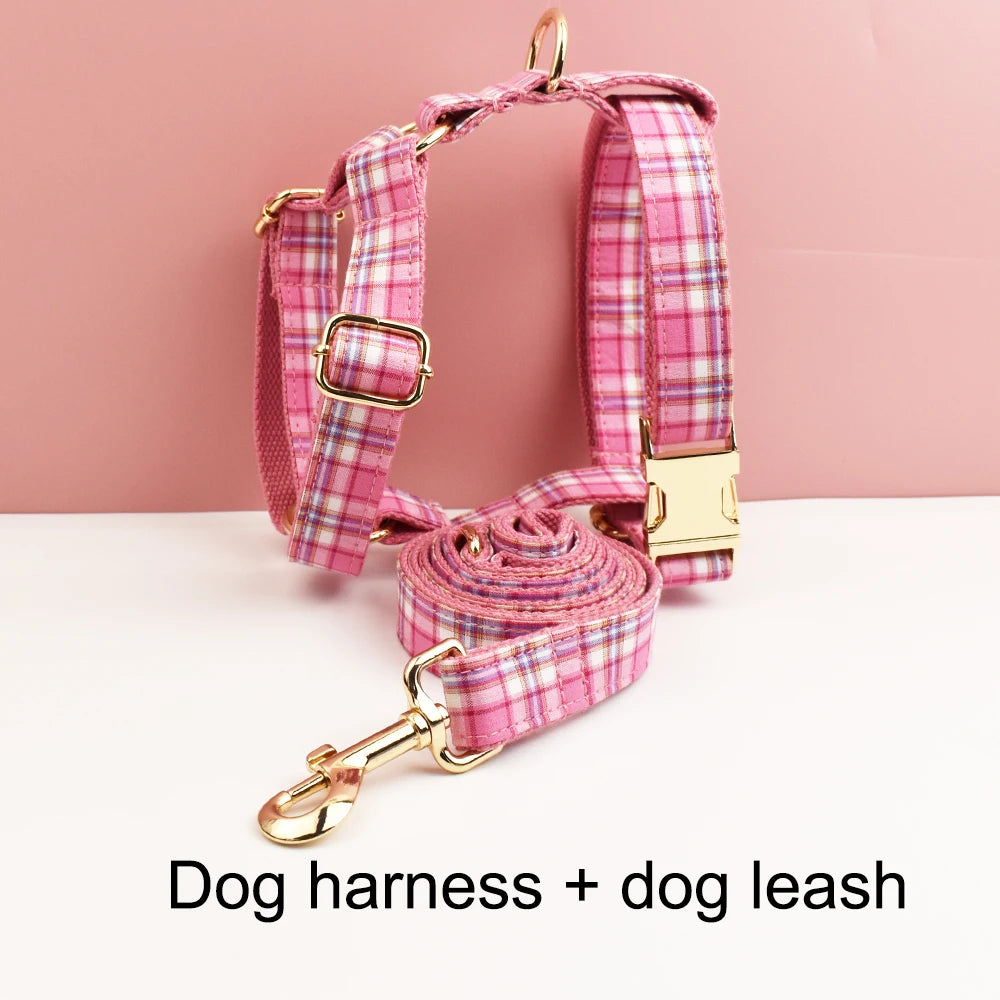 Rose Pink Plaid Dog Collar, Harness & Leash Set
