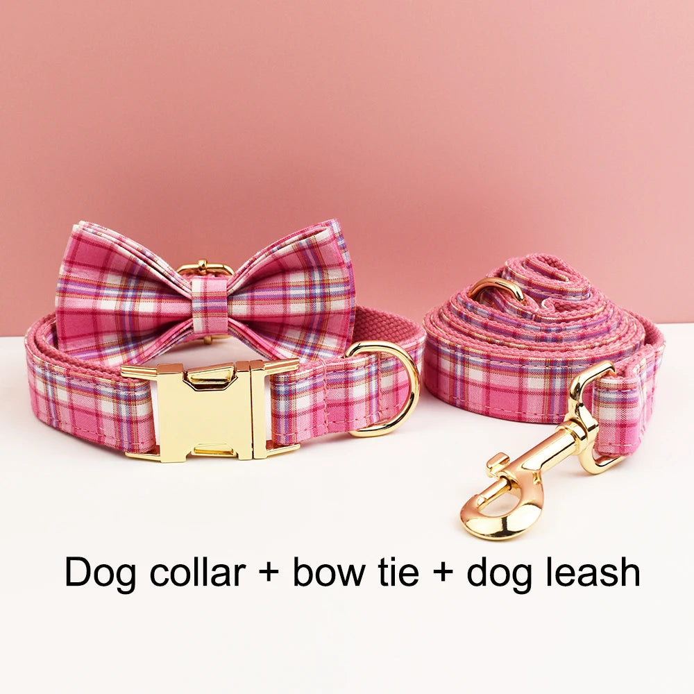 Rose Pink Plaid Dog Collar, Harness & Leash Set