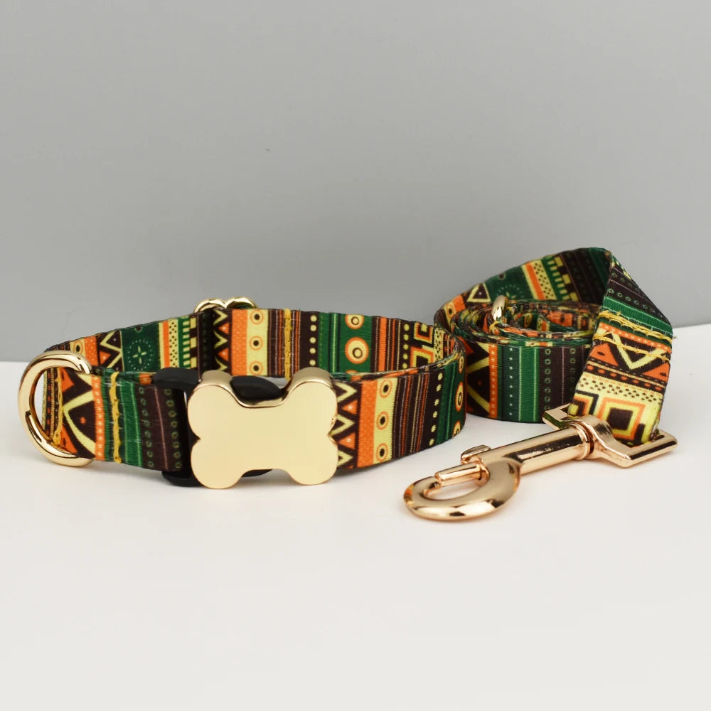 Ethnic Style Engraved Dog Collar & Leash