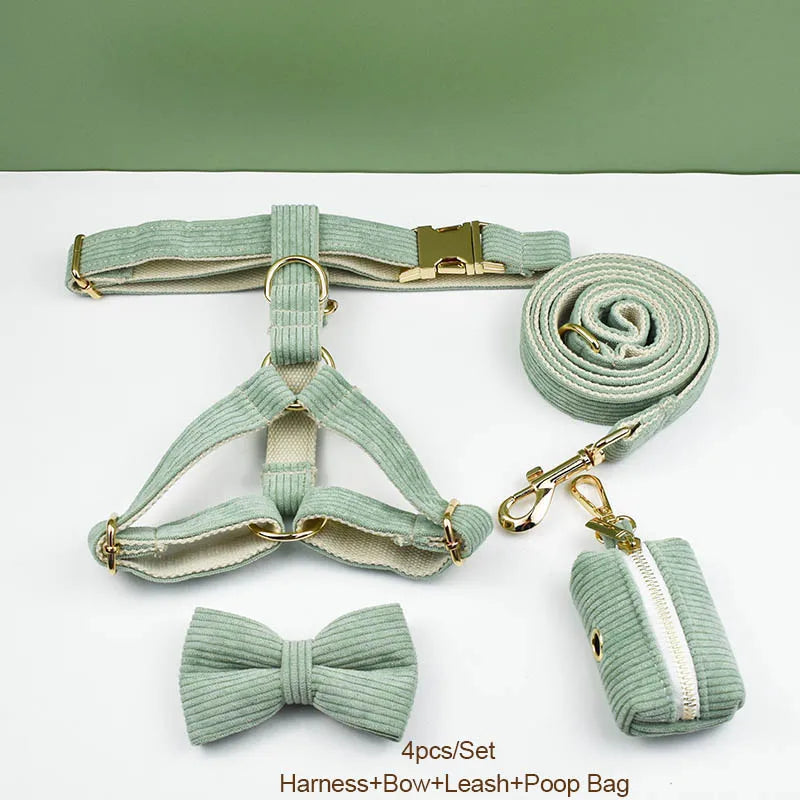 Light Green Corduroy Engraved Nameplate Dog Collar & Leash Set