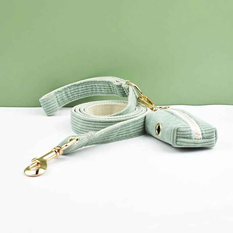Light Green Corduroy Engraved Nameplate Dog Collar & Leash Set