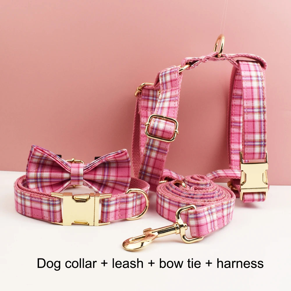 Rose Pink Plaid Dog Collar, Harness & Leash Set