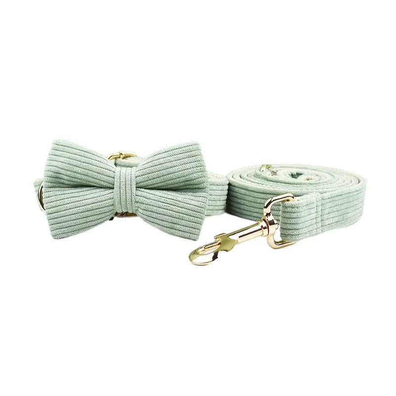 Light Green Corduroy Engraved Nameplate Dog Collar & Leash Set