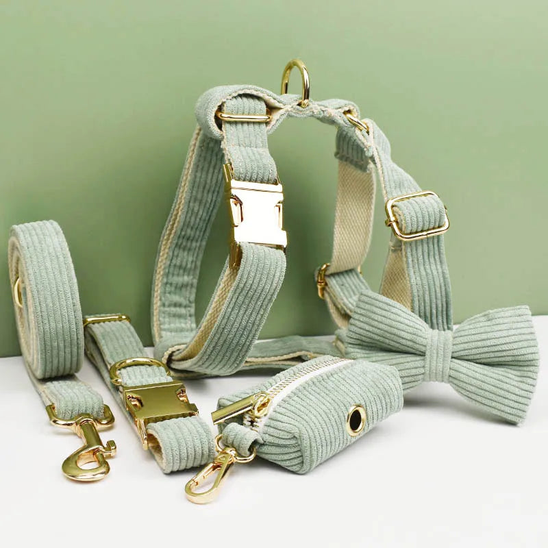Light Green Corduroy Engraved Nameplate Dog Collar & Leash Set