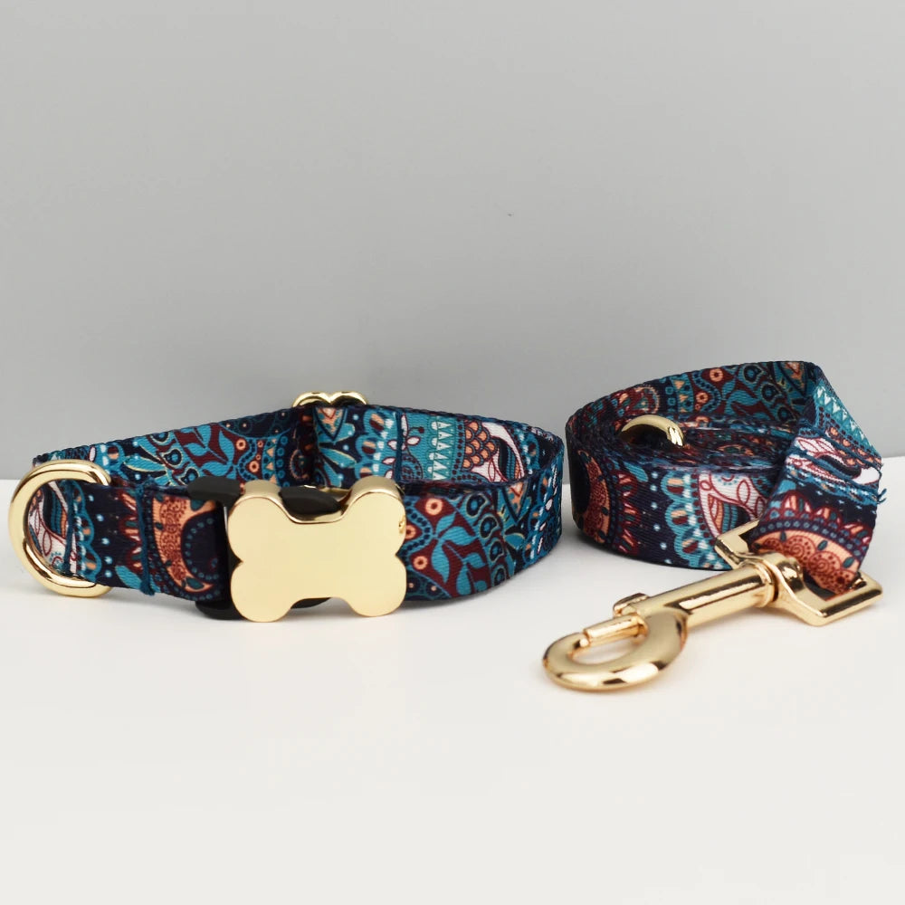 Ethnic Style Engraved Dog Collar & Leash