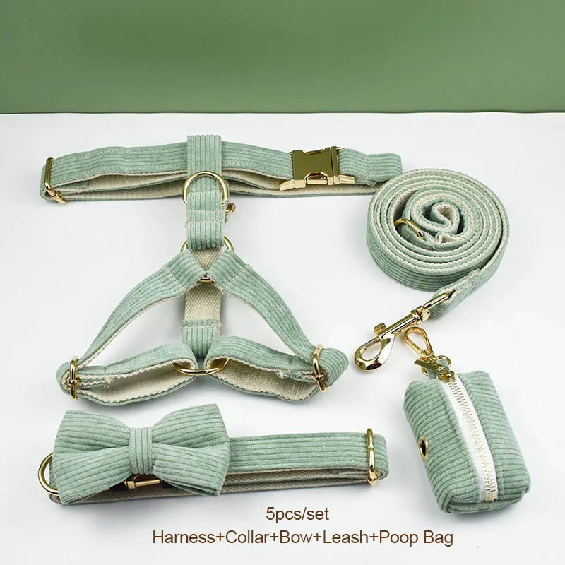 Light Green Corduroy Engraved Nameplate Dog Collar & Leash Set