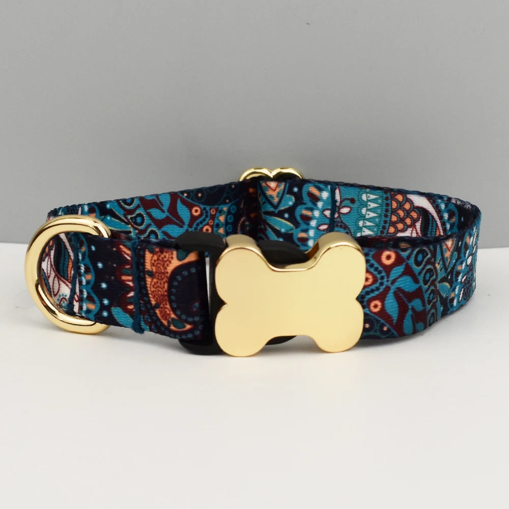 Ethnic Style Engraved Dog Collar & Leash
