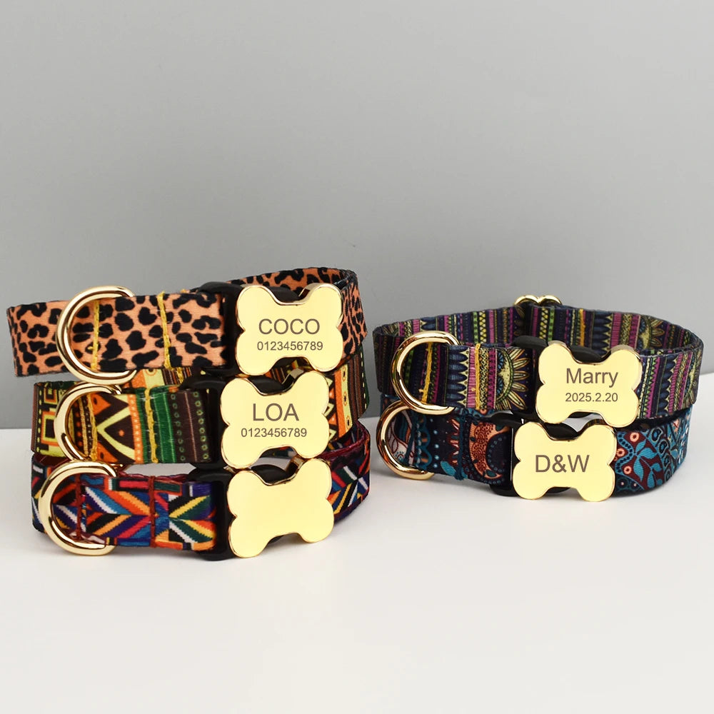 Ethnic Style Engraved Dog Collar & Leash