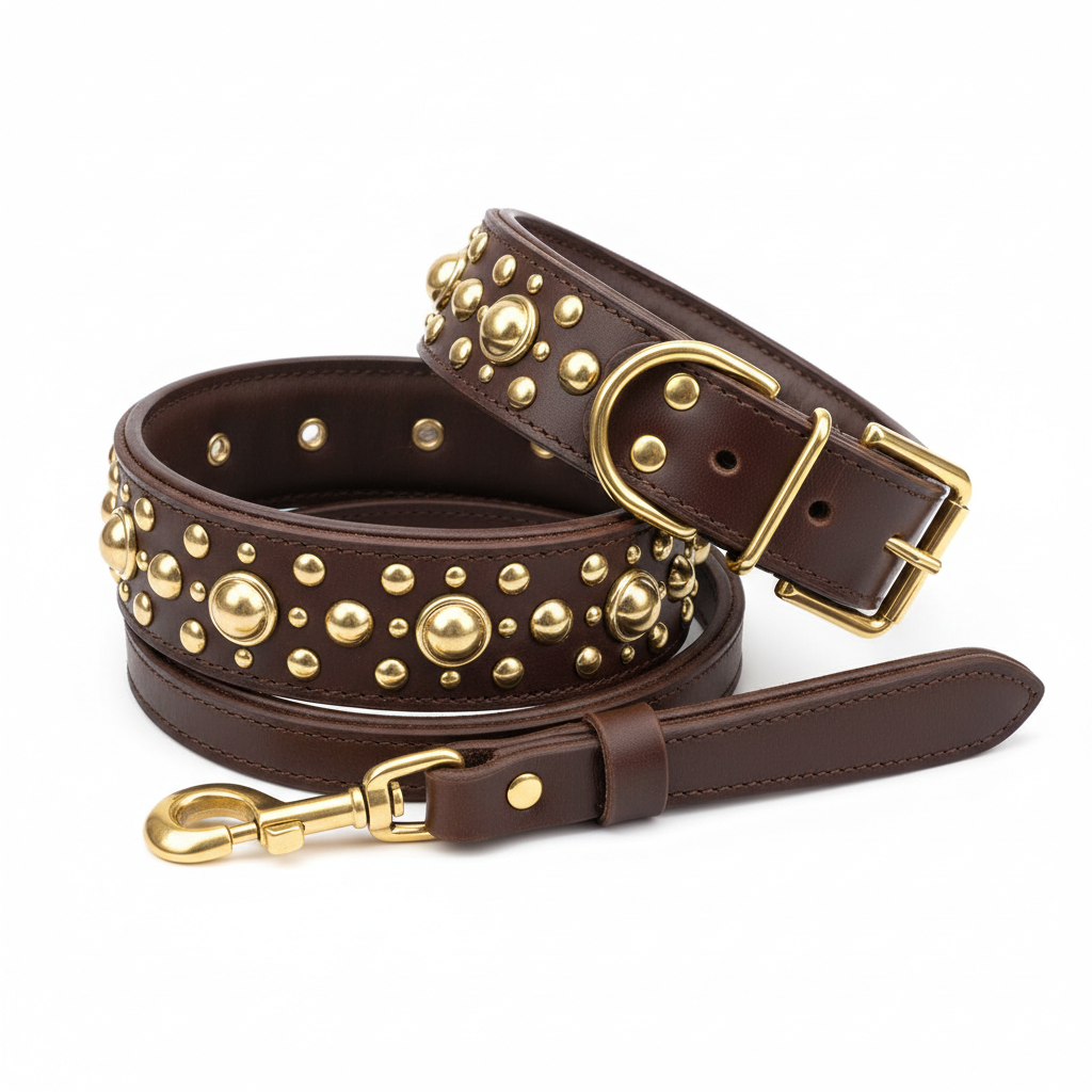 Genuine Leather Padded Dog Collar & Leash Set